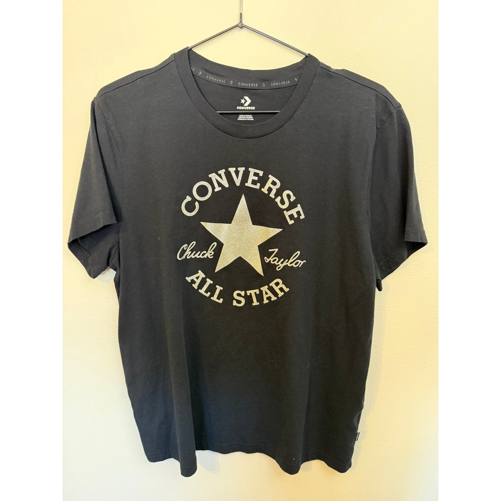 Converse Graphic T-Shirt Womens Small Black Excellent Silver Glitter Logo Tee